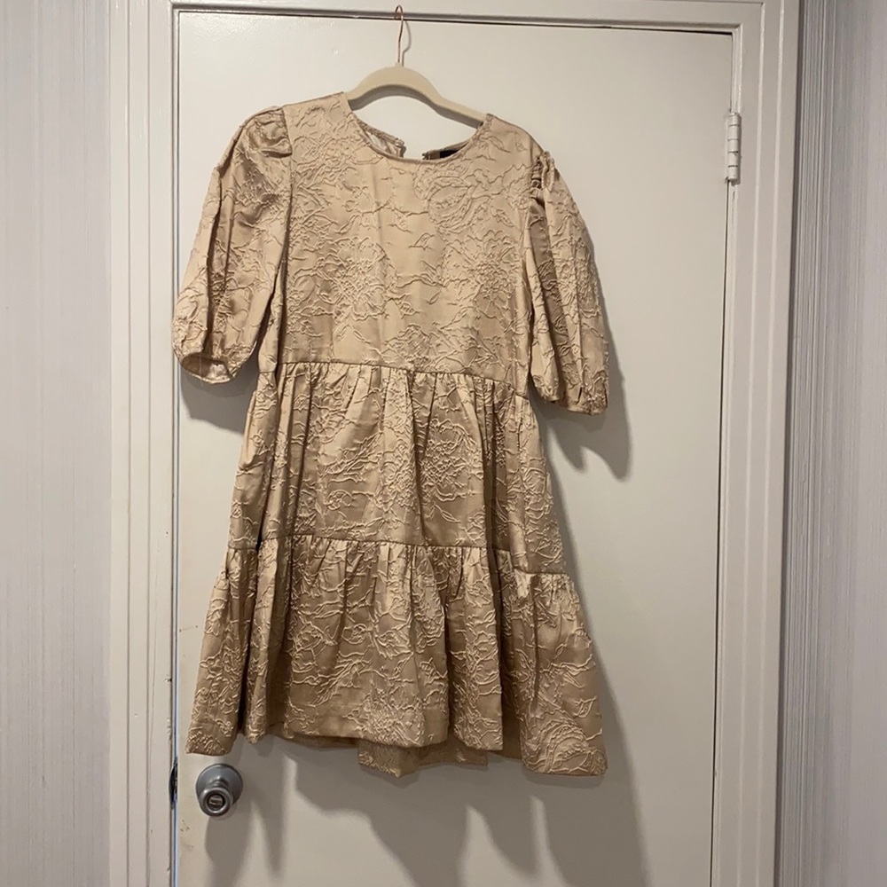Gold embroidered detail puff sleeve dress